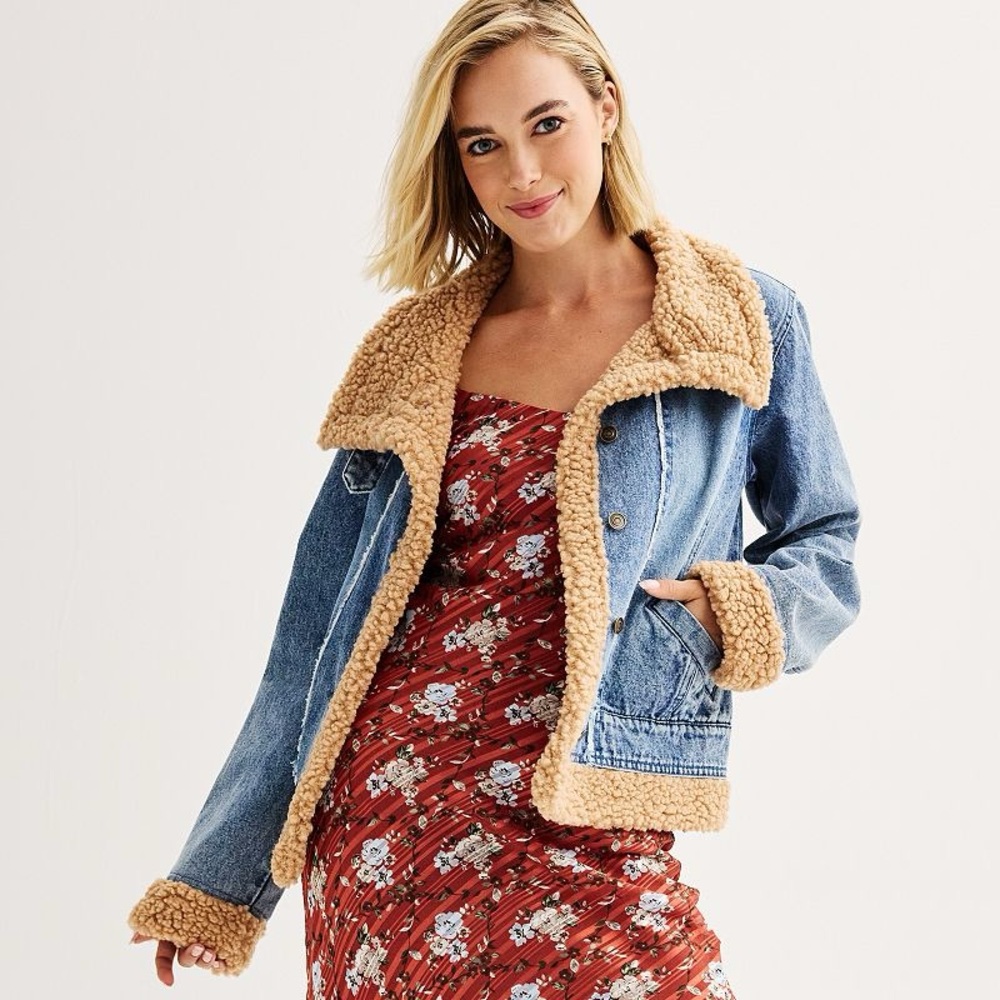 Free People Blue Denim Jacket with Tan Sherpa Lining NWOT